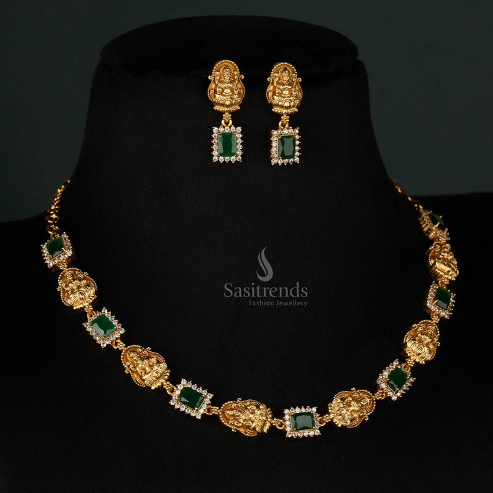 Matte gold temple necklace with Lakshmi motifs and green gemstones -Sasitrends