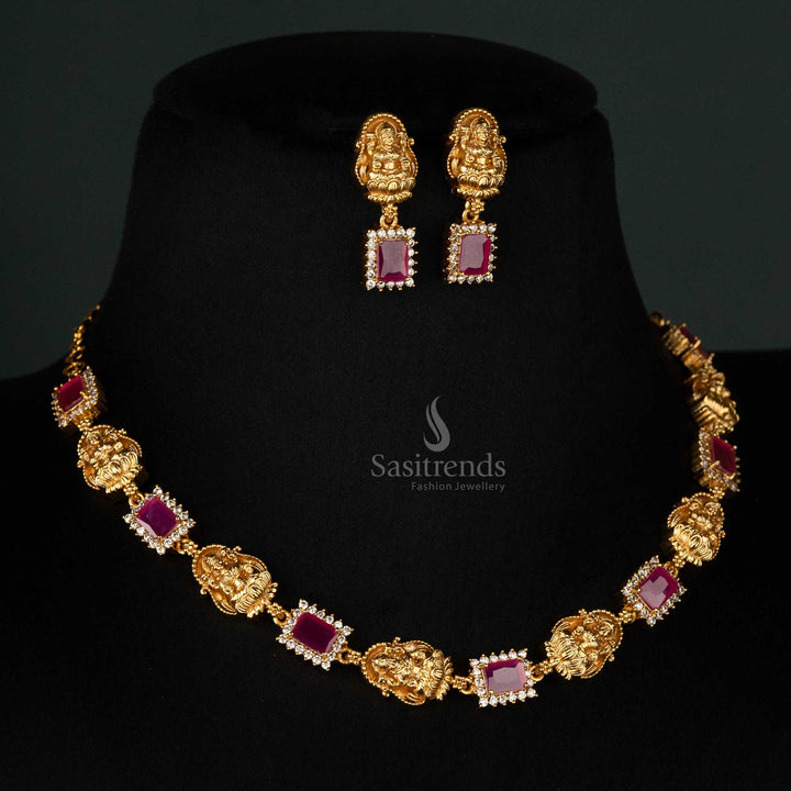 Matte gold temple necklace with Lakshmi motifs and Ruby gemstones - Sasitrends