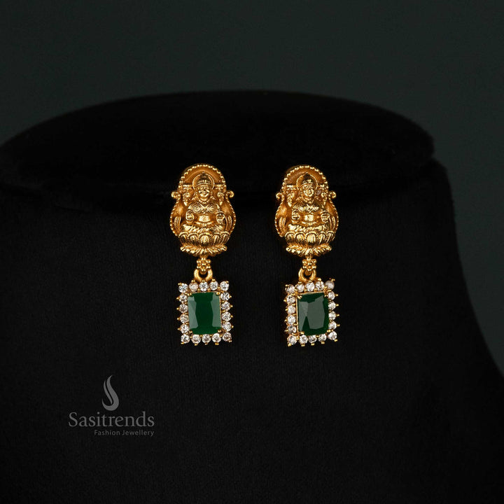 Temple-style matte gold-plated necklace with matching Lakshmi green motif earrings - Sasitrends