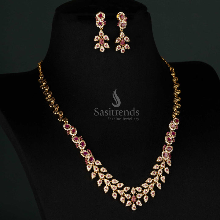 Festive wear handcrafted temple jewellery set featuring matte gold plating, white and ruby AD stones, an exquisite leaf pattern - Sasitrends