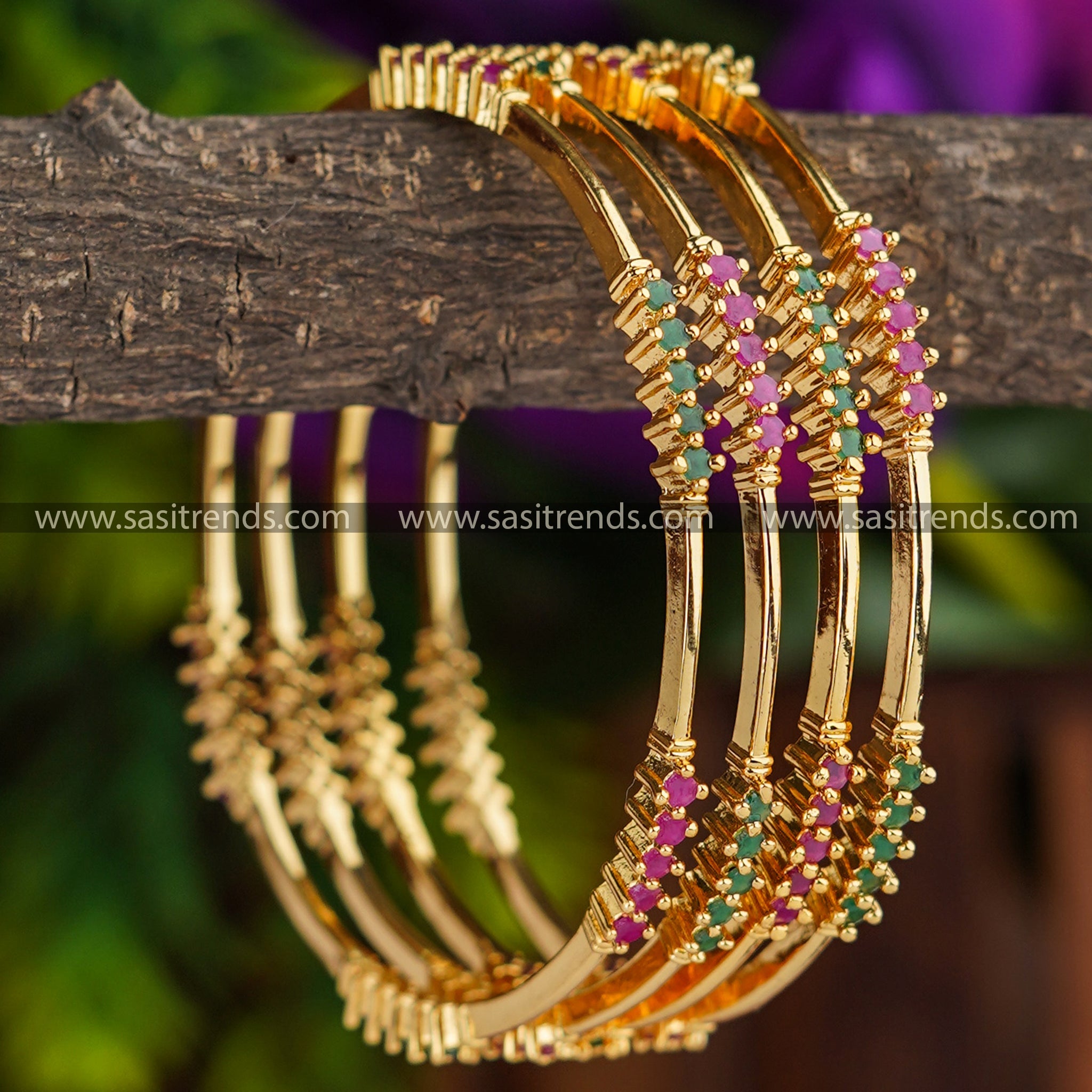 Traditional Bangle Set | Ruby-Green Stones & AD Stones | 24K Gold Micro Plated | Latest Design