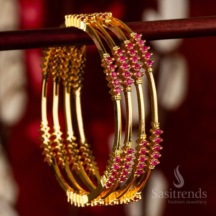 One Gram Micro Plated AD Bangles Set with Ruby American Diamond Stones – A Vintage and Classic Jewellery Piece for Women - Sasitrends