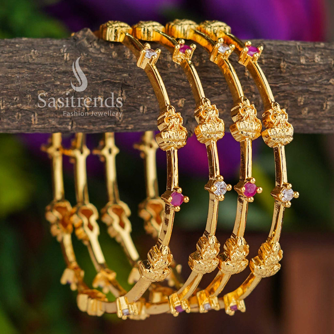 Stylish Micro Gold Plated Traditional Lakshmi Bangles Pair with Latest American Diamond White Ruby Stone Motifs - Sasitrends