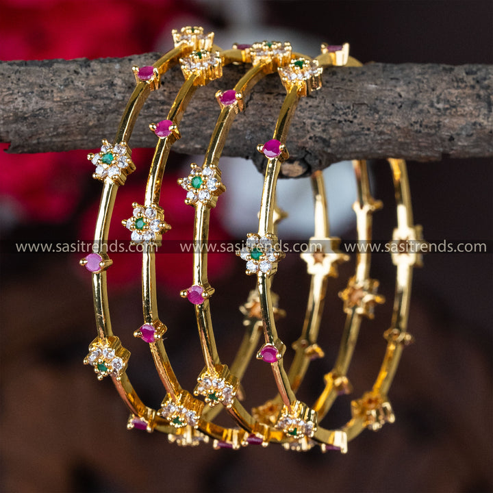 Trendy Floral Micro Gold Plated AD Bangles - Latest American Diamond for Women (Set of 4 Pieces) | Sasitrends