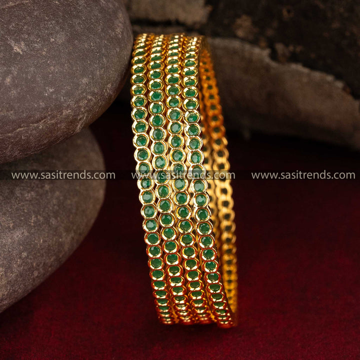 Traditional Micro Gold Plated Green AD Stones Stud Four Piece Bangles Sasitrends Online Shopping