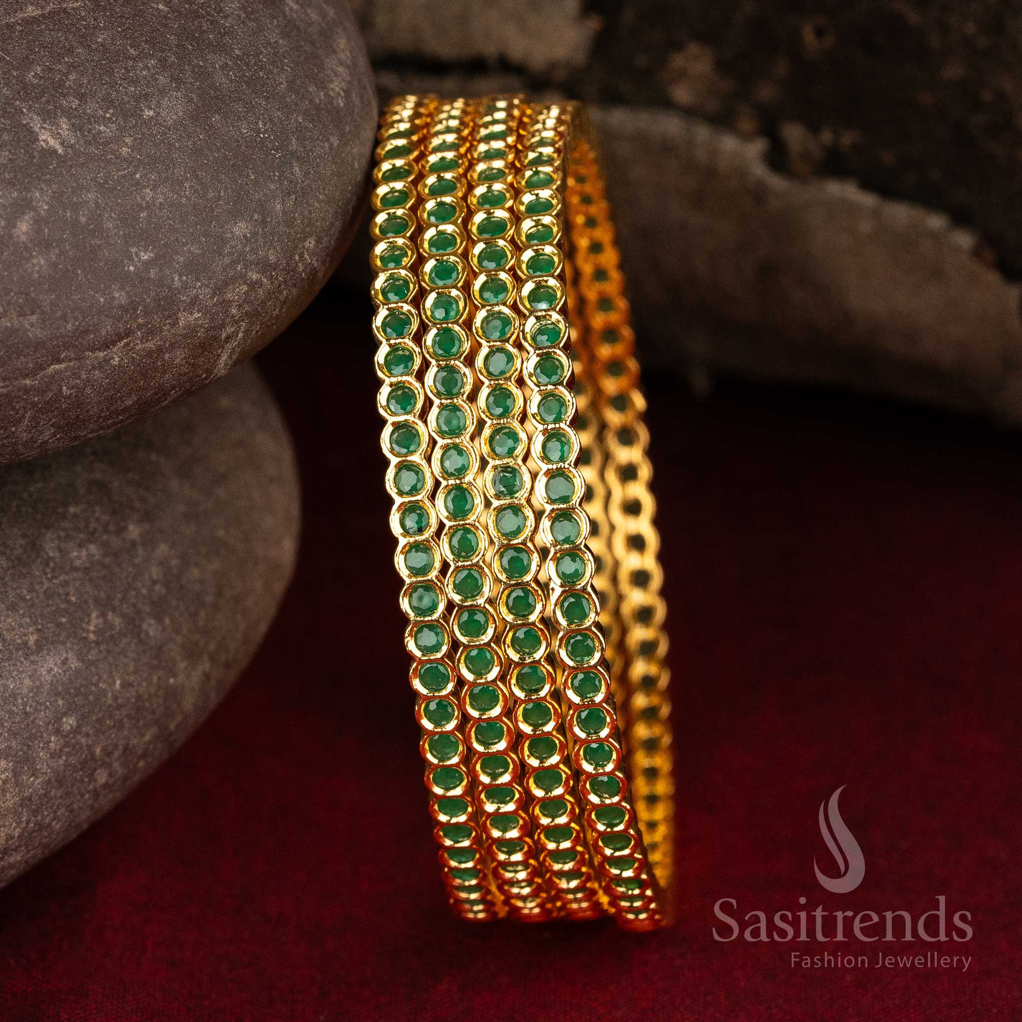 Beautiful Micro Gold Plated 4 Pieces Green AD Bangles with American Diamond Stones – A Traditional and Timeless Jewellery Choice for Women - Sasitrends