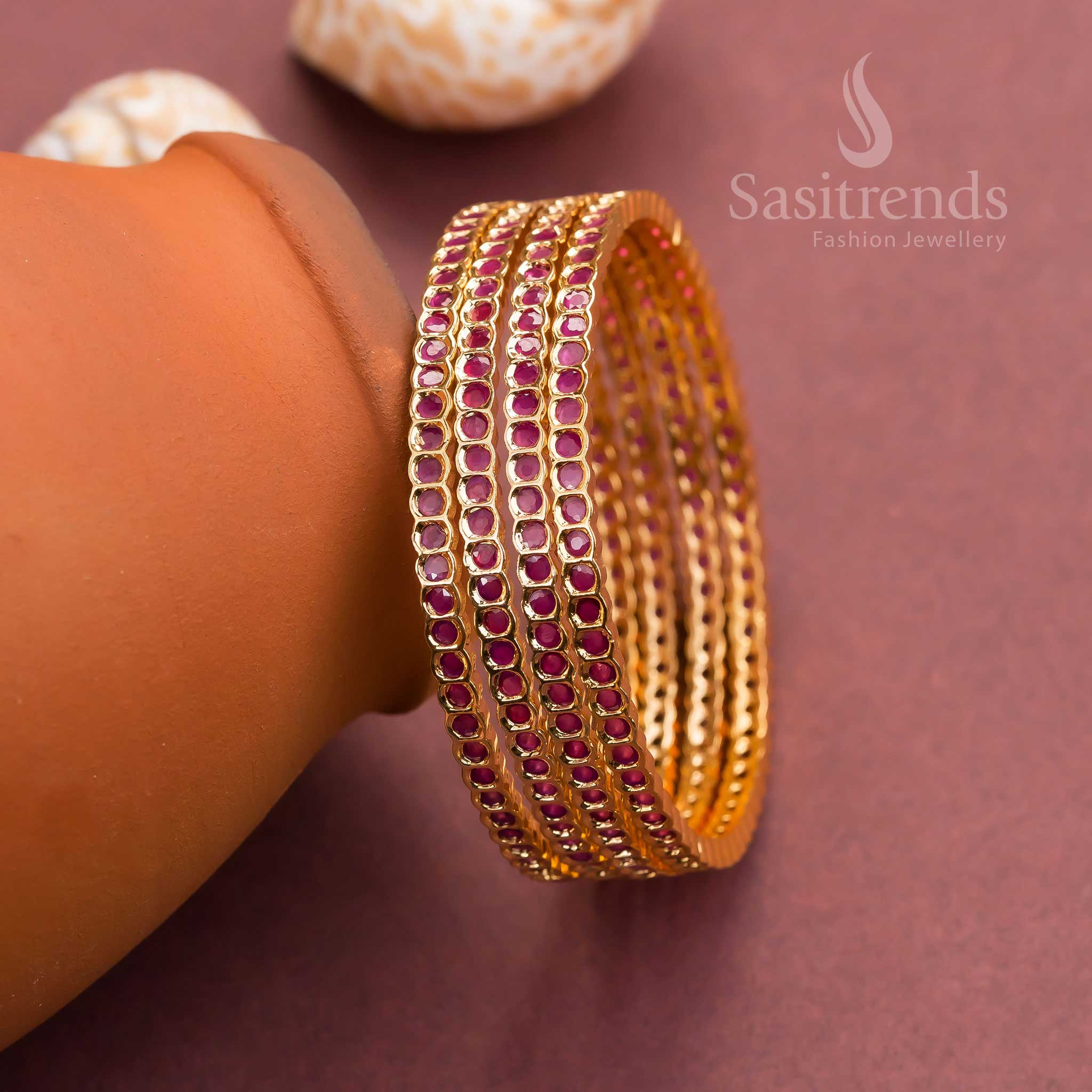 Gorgeous Micro Gold Plated 4 Pieces Ruby AD Bangles with American Diamond Stones – A Vintage and Luxurious Jewellery Selection for Women - Sasitrends