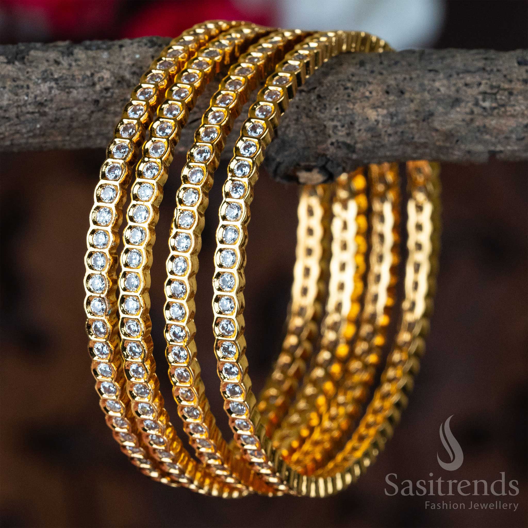  Beautiful Micro Gold Plated 4 Pieces White AD Bangles with American Diamond Stones – A Modern and Charming Jewellery Piece for Women - Sasitrends