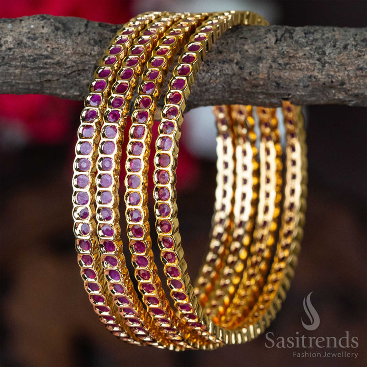 Elegant Micro Gold Plated 4 Pieces Ruby AD Bangles with American Diamond Stones – A Royal and Eye-Catching Jewellery Selection for Women - Sasitrends