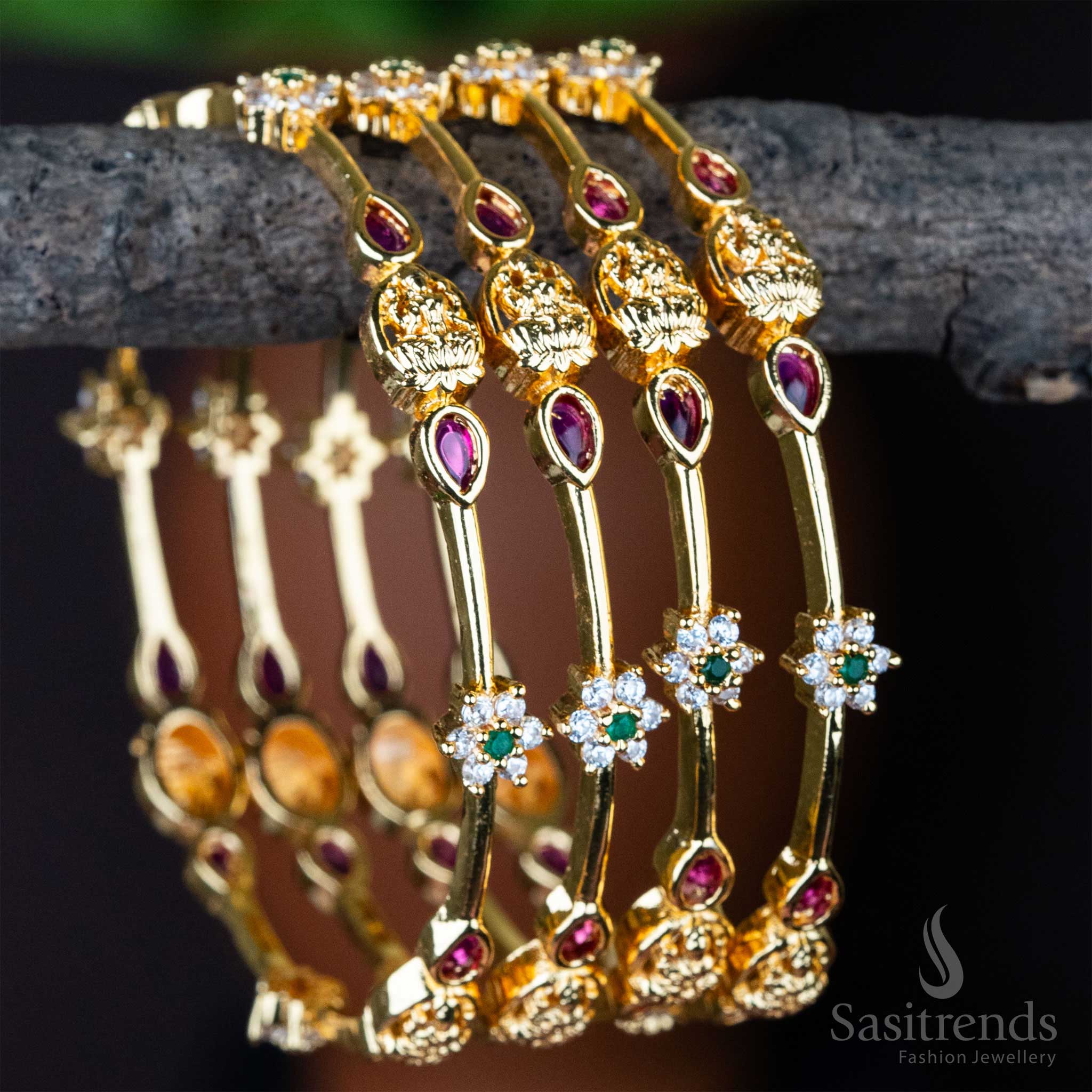 Guaranteed Micro Gold Plated Lakshmi Designer AD Stone Studded Bangles Online Shopping - Sasitrends