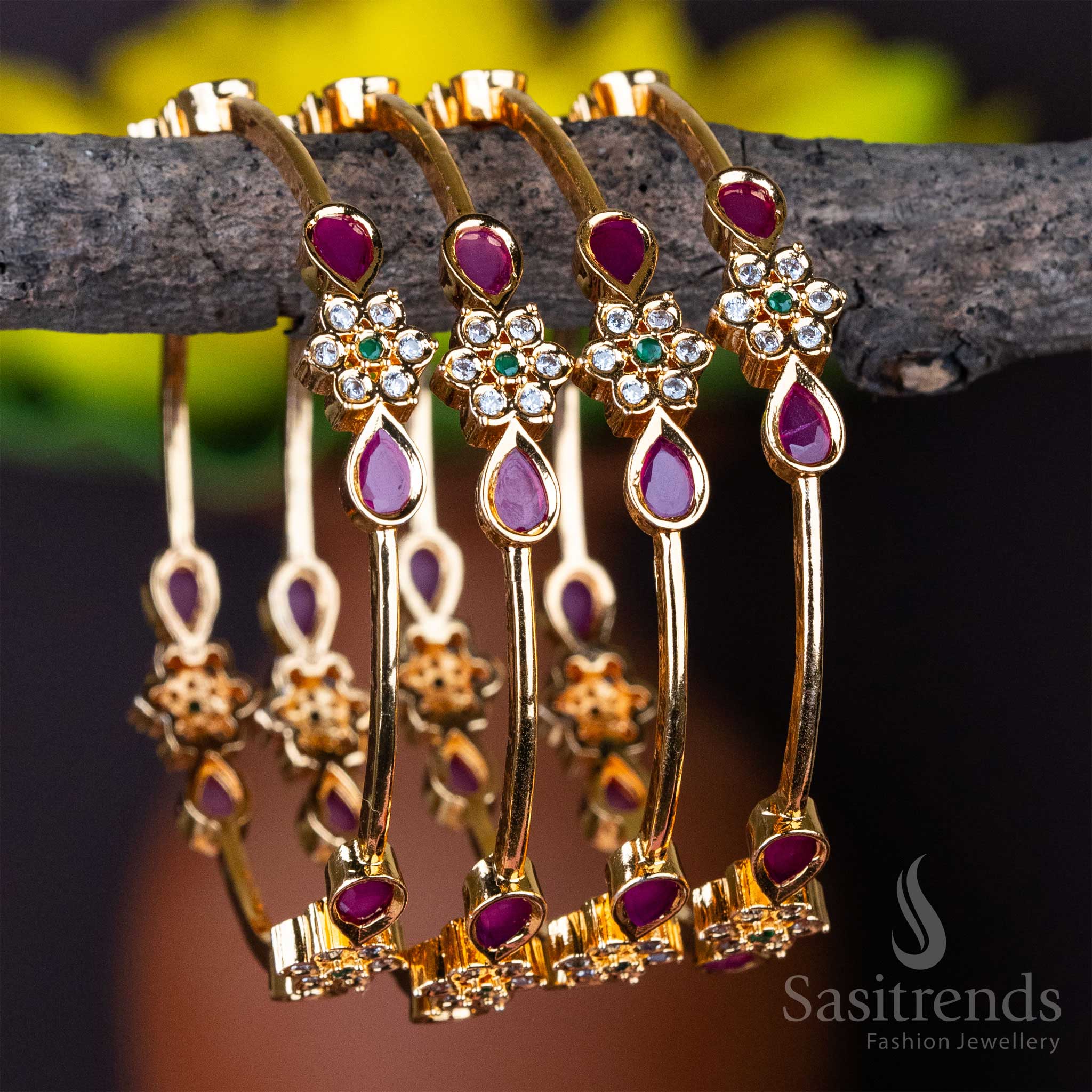 Guaranteed Micro Gold Plated Flower Pattern AD Stones Studded Bangles - Sasitrends