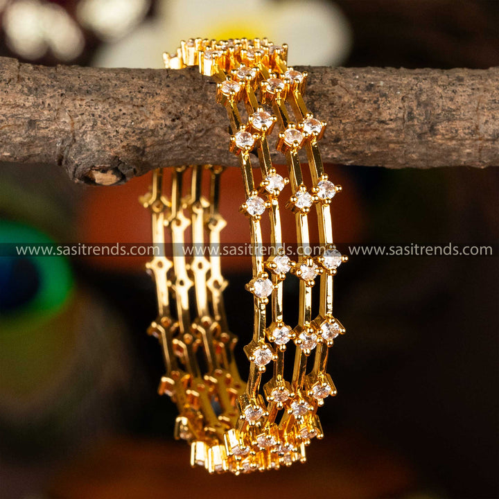 Guaranteed Micro Gold Plated Temple Wear Round White American Diamond Stone Studded Bangles Online