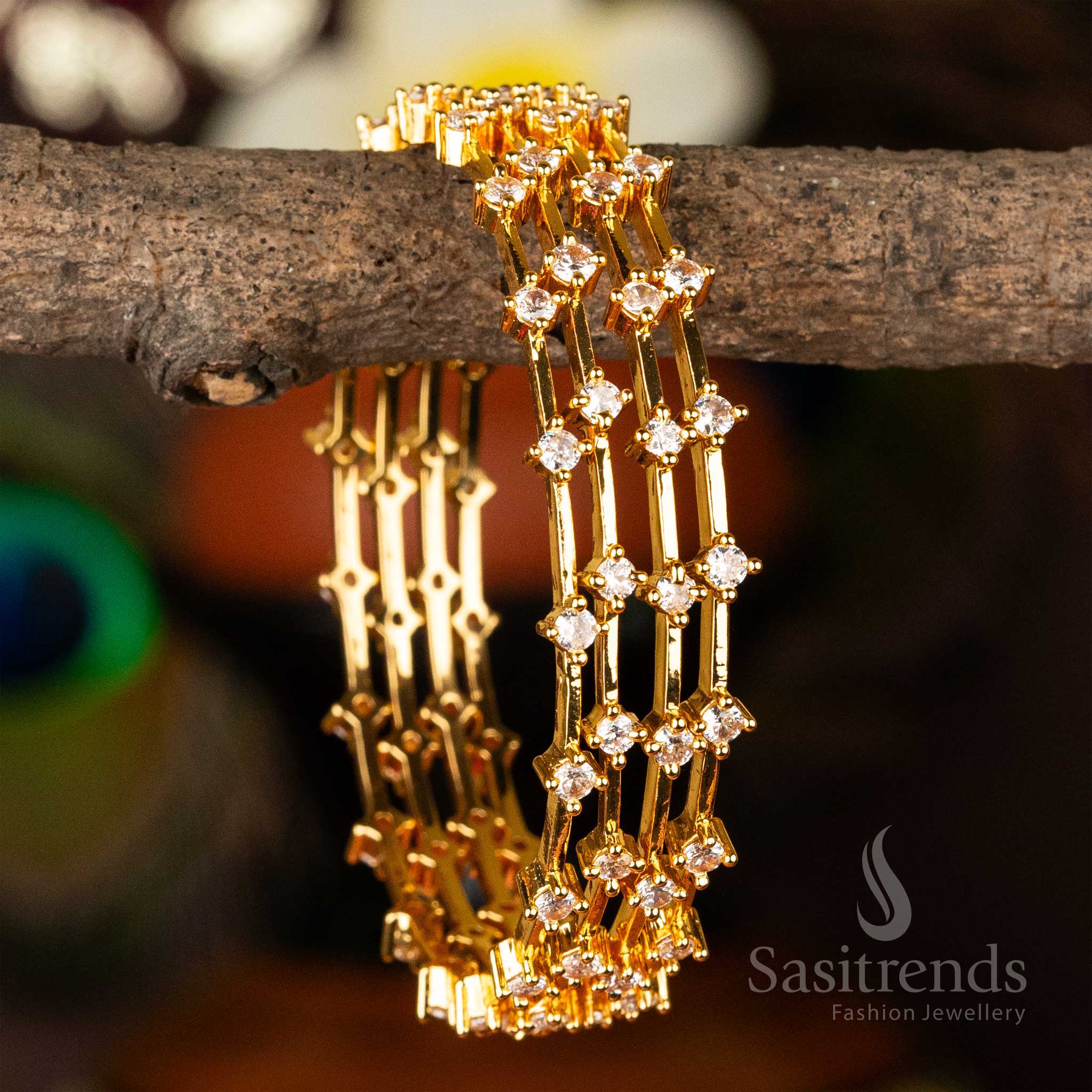 Gorgeous Elegant Micro Gold Plated Thin Bangles Set with White Round American Diamond Stones - Sasitrends