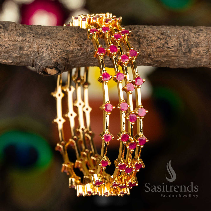 Beautiful Micro Gold Plated Thin Bangles Set with Ruby Round American Diamond Stones – A Vintage and Luxurious Jewellery Choice for Women - Sasitrends