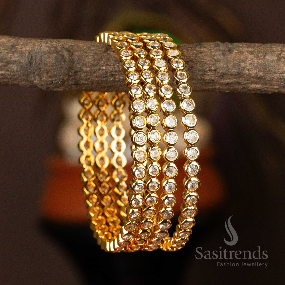 Stunning Elegant Micro Gold Plated Small Round AD Stone Addigai Bangles with White Stones – A Modern and Charming Jewellery Choice for Women - Sasitrends