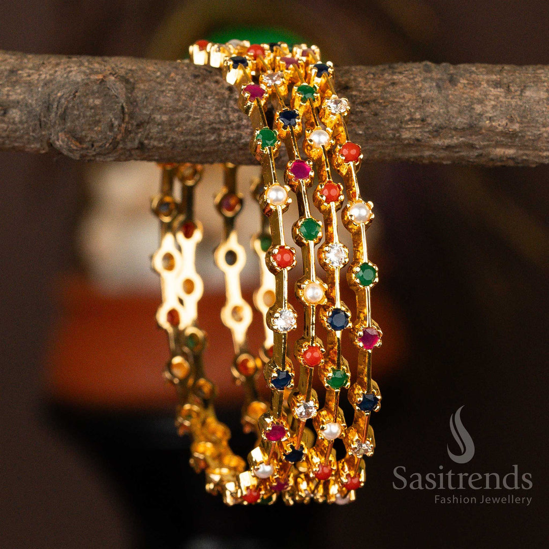 Traditional Wear Micro Gold Plated Navarathna AD Stone Studded Four Set Bangles - Sasitrends