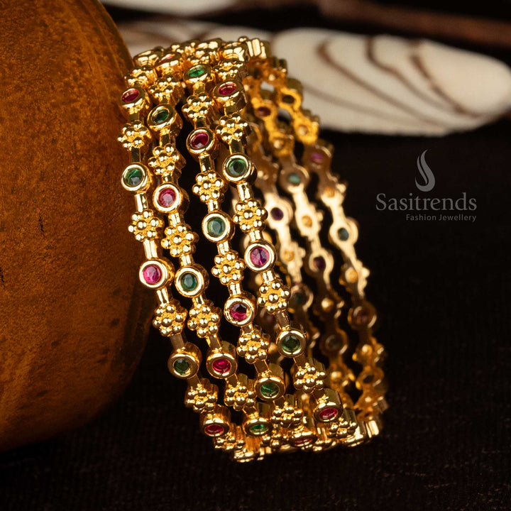 Sasitrends - Amazing Intricate Design American diamond Micro Gold Bangles with Ruby and Green Stones For Weddings and Festivals