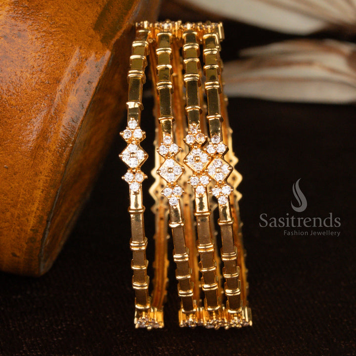 Elegant Guaranteed Micro Gold Plated American Diamond Studded Bamboo-Inspired  Bangle Set For Festive & Temple Wear - Sasitrends