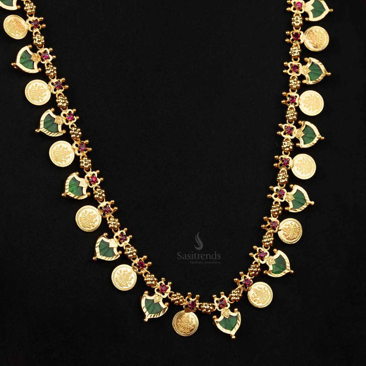 Traditional Guaranteed Micro Gold Plated Lakshmi Coin Designer Green Kerala Palakka Long Necklace Sasitrends