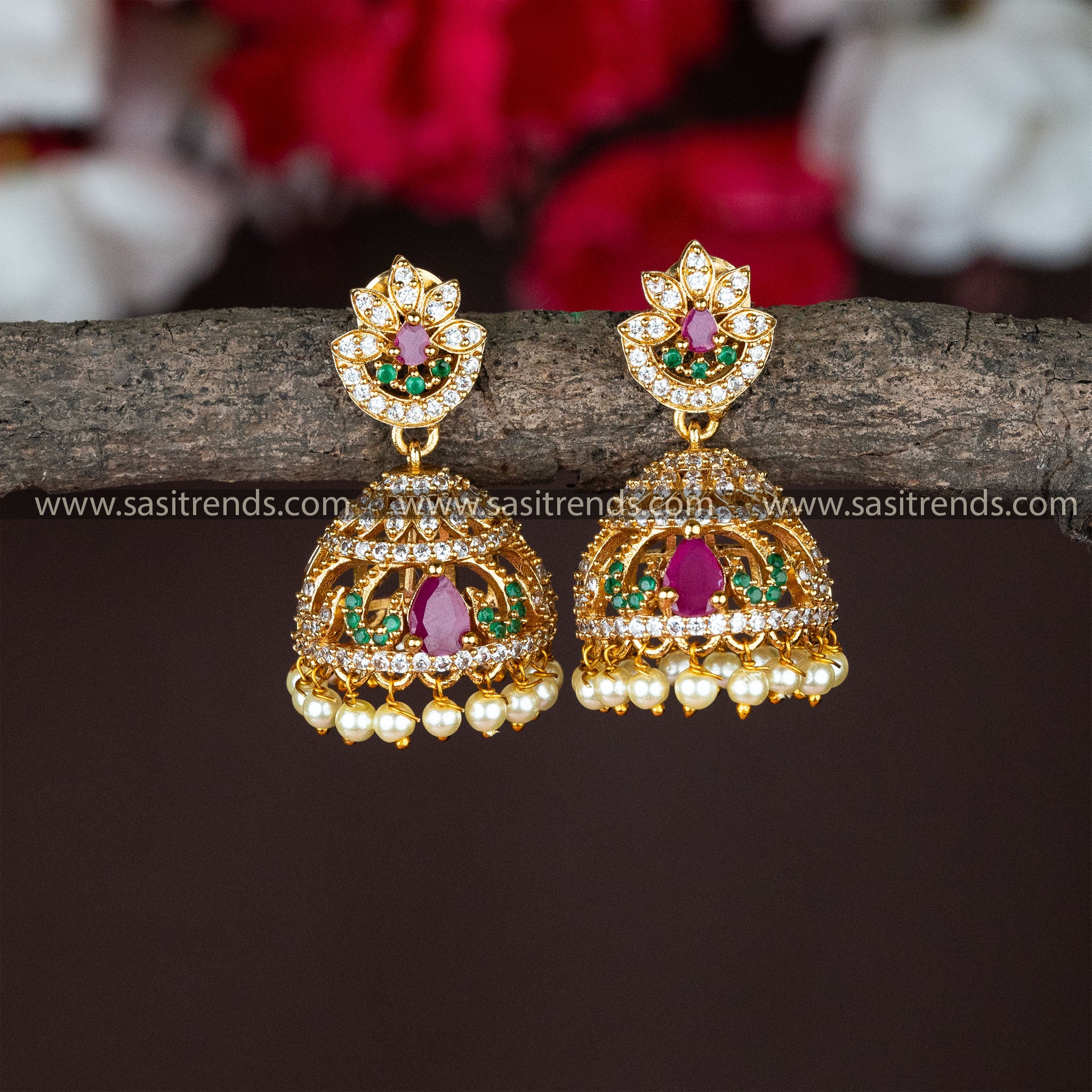 Traditional Wear Multi color Matt Gold Plated AD Stone Studded Jhumka Earrings