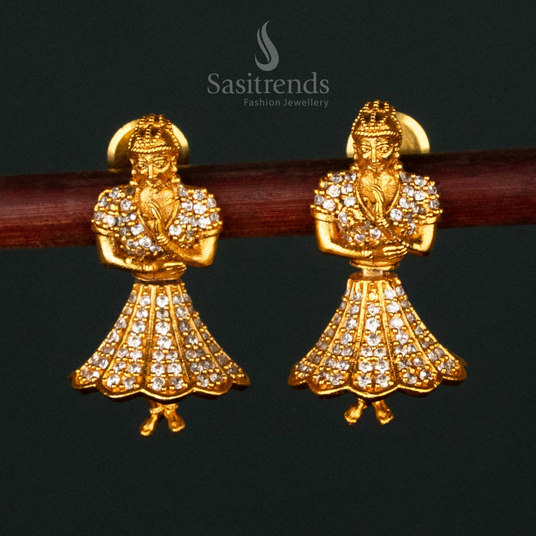 Graceful white temple matte gold plated Butta Bomma earrings with a pearl-inspired look, ideal for grand festive occasions and temple wear - Sasitrends