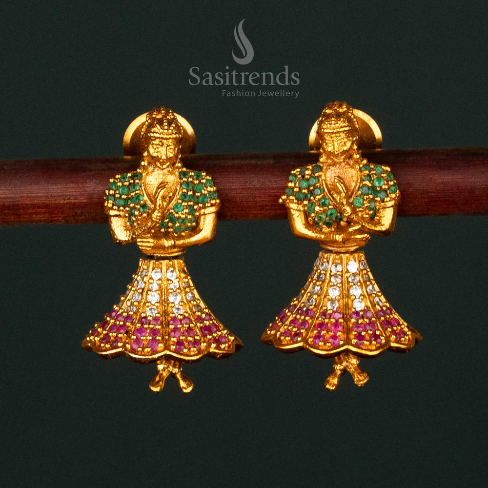 Majestic multi-color temple matte gold plated Butta Bomma earrings adorned with vibrant stones, a stunning accessory for festive grandeur and cultural richness - Sasitrends