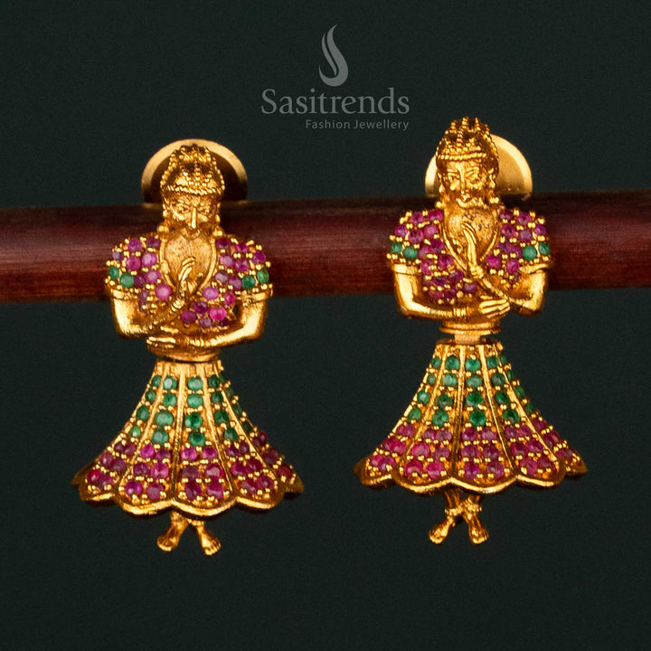 Exquisite ruby-green temple matte gold plated Butta Bomma earrings featuring an intricate handcrafted design, perfect for bridal and cultural celebrations - Sasitrends