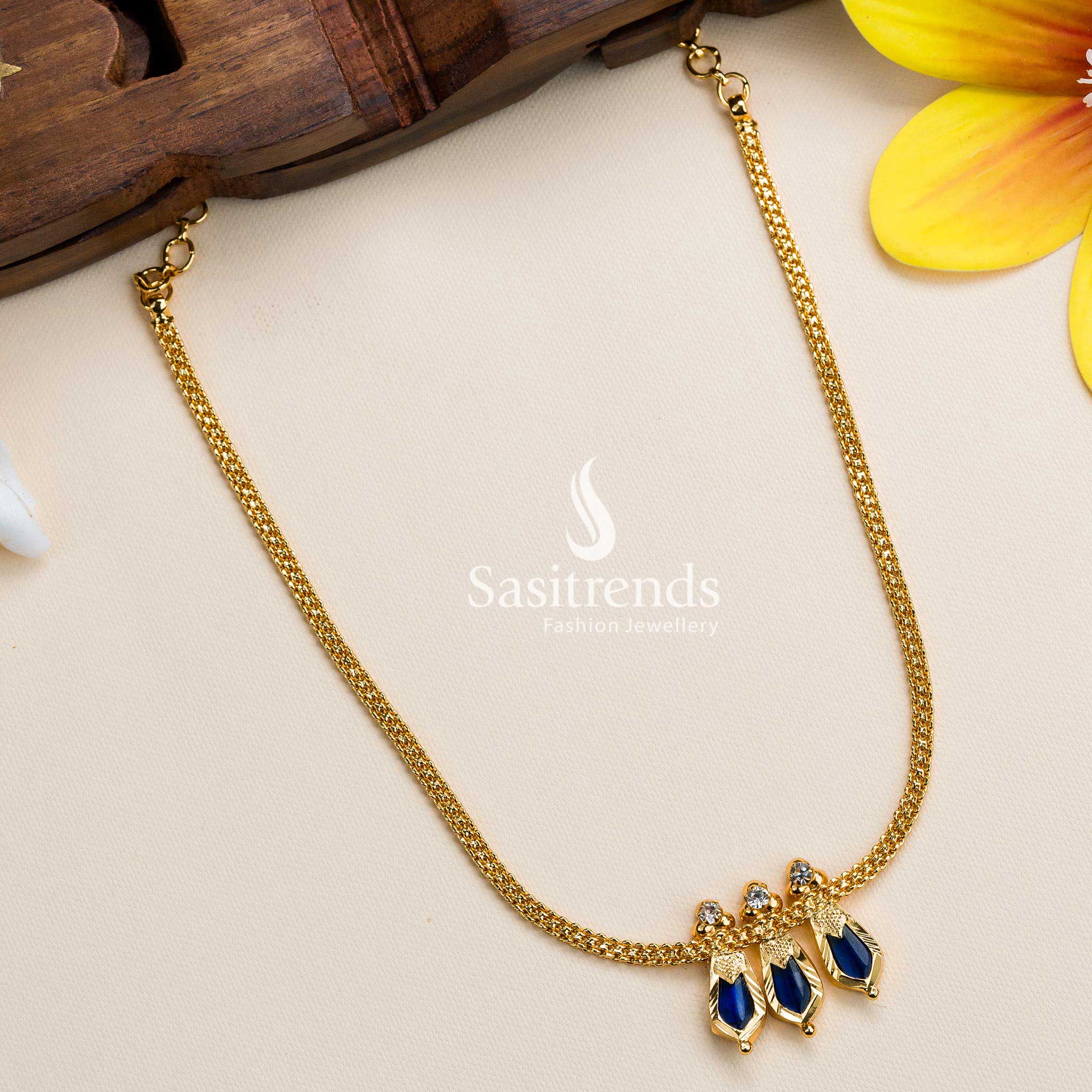 Micro Gold Plated Nagapadam Petals Kerala Necklace with Blue Stones - Sasitrends