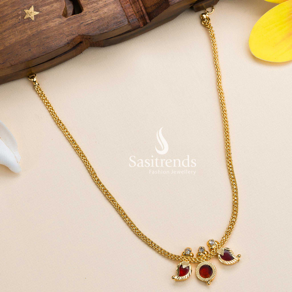 Exquisite Micro Gold Plated Mango and Round Petals Kerala Necklace with American Diamond Stones in Rich Red Hues - Sasitrends