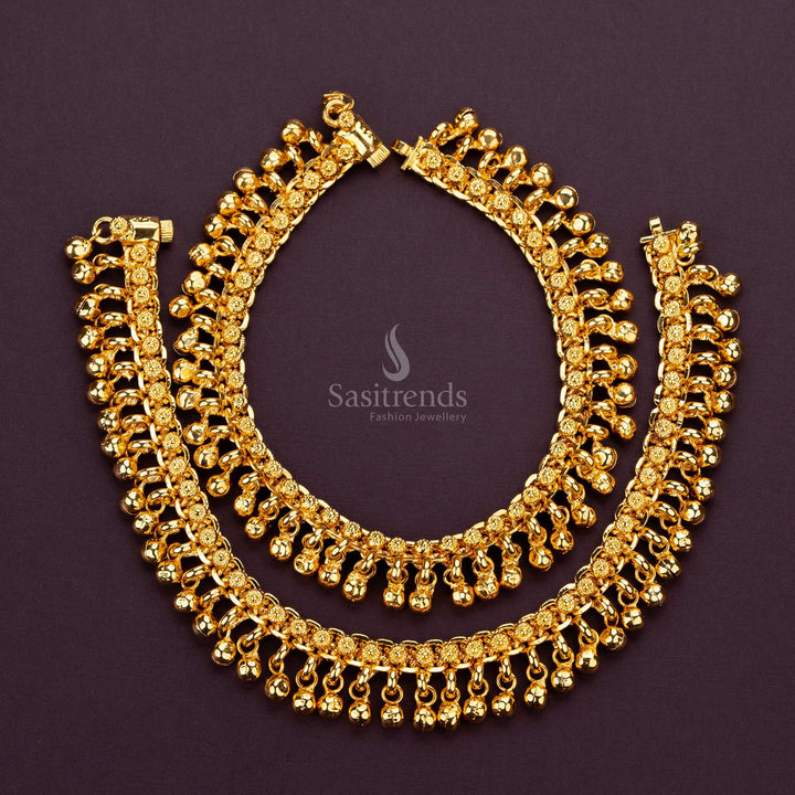 Exquisite one gram micro gold-plated long anklets with intricate detailing, perfect for traditional occasions - Sasitrends