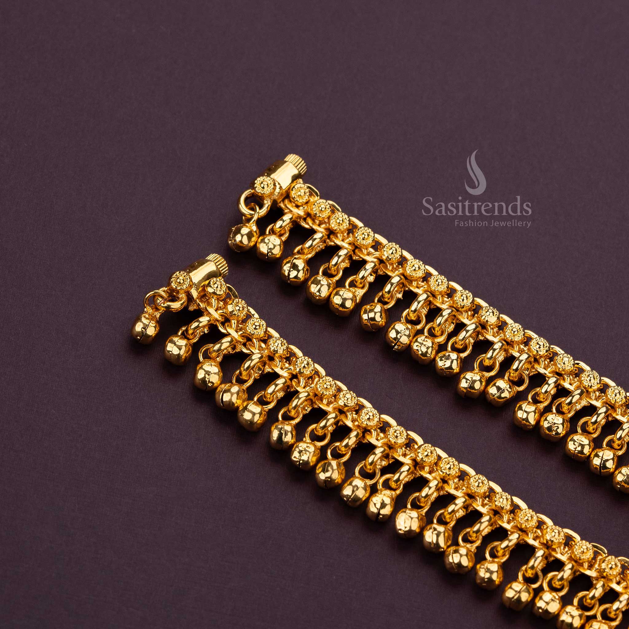 Beautifully crafted long anklets in micro gold plating, perfect for bridal and festive wear - Sasitrends