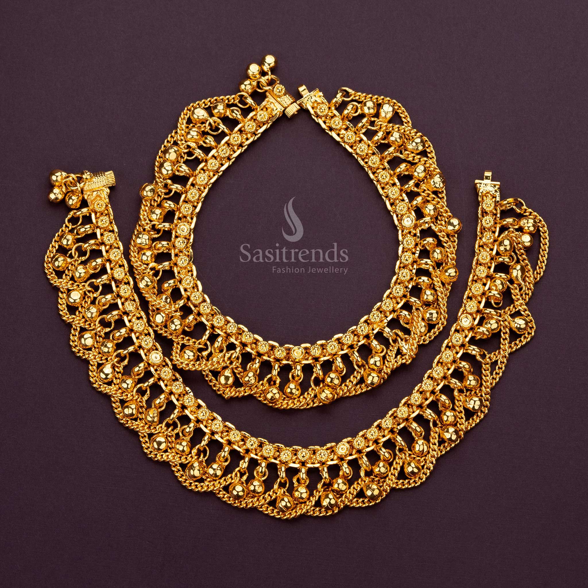 Luxurious 2-line micro gold plated anklets with hanging beads, perfect for traditional and casual wear - Sasitrends