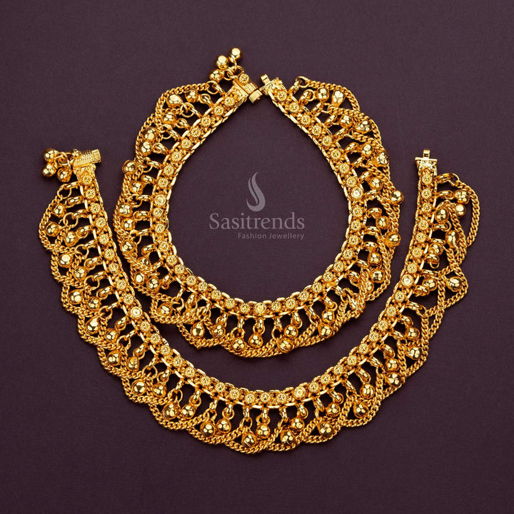 Luxurious 2-line micro gold plated anklets with hanging beads, perfect for traditional and casual wear - Sasitrends