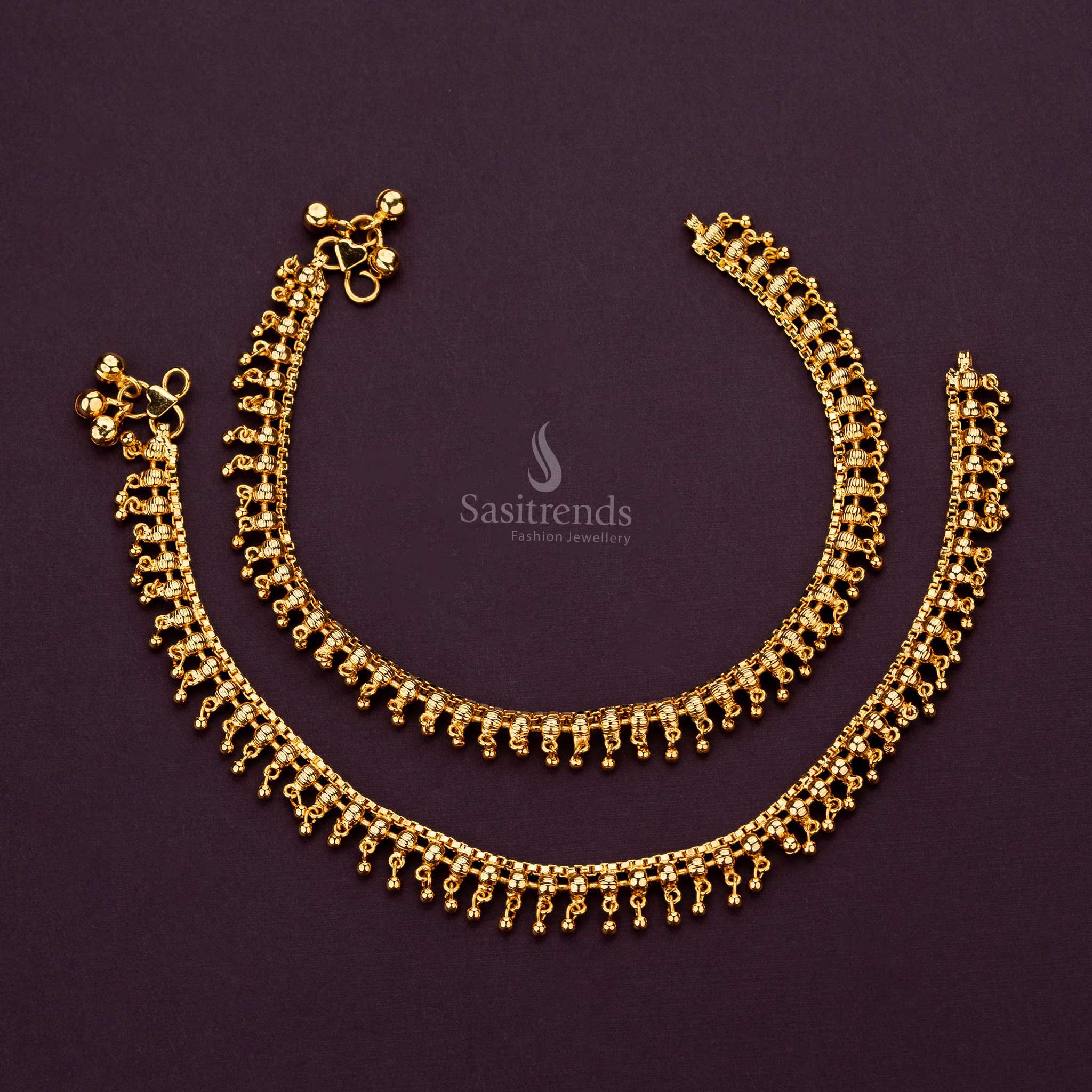 Luxurious gold-plated long anklets featuring intricate design and dangling bells - Sasitrends