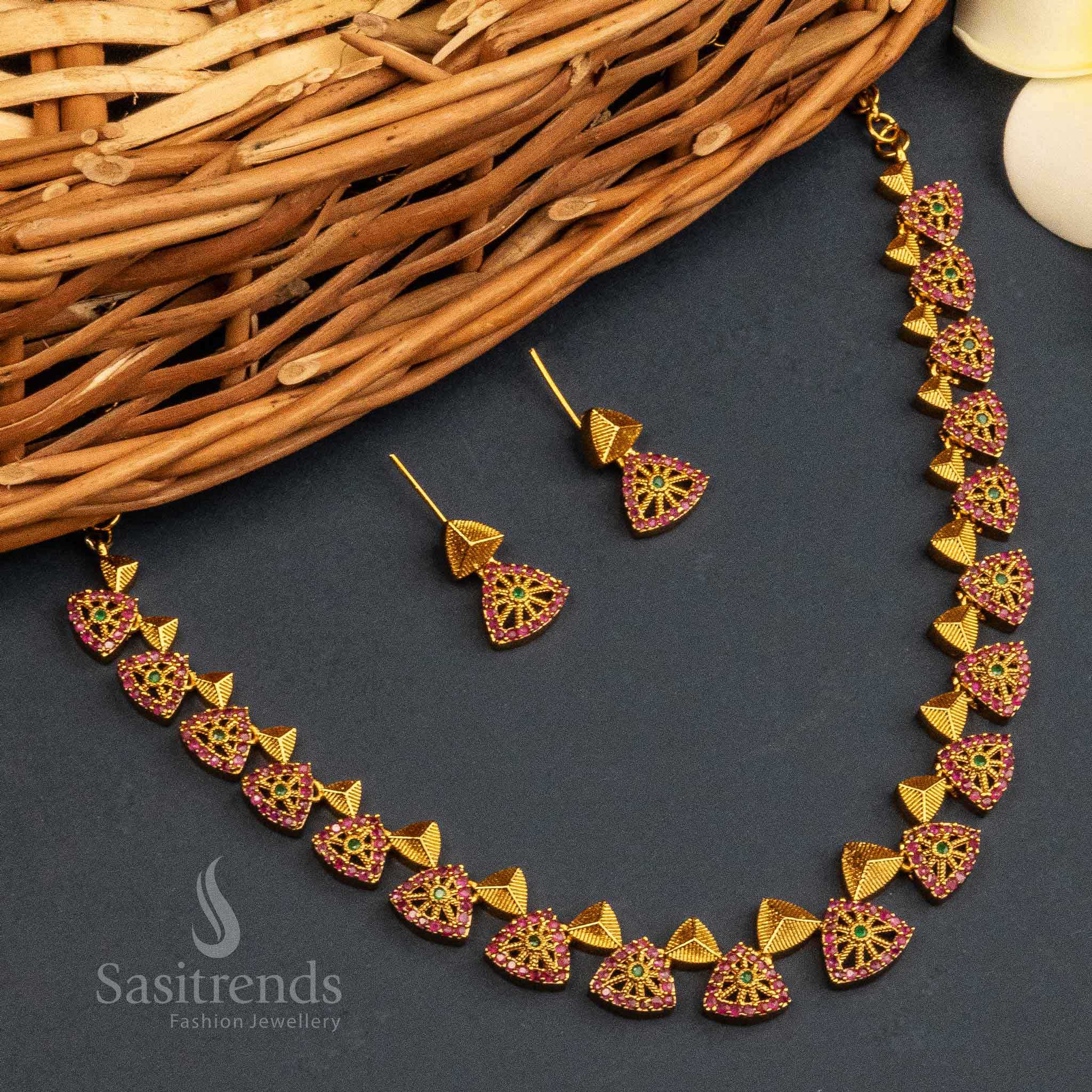 Temple Gold Necklace with American Diamond Stones - Ruby Green - Sasitrends