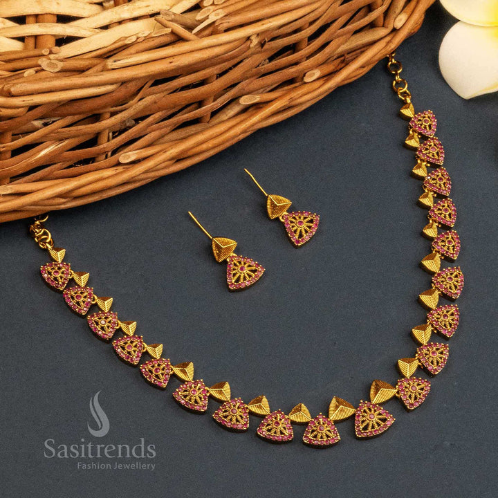 New Temple Matte Gold Polished Jewellery Set with AD Stone | Sasitrends