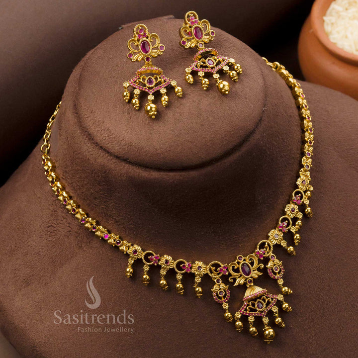 Traditional Matte Gold Plated Temple Floral Pearl Necklace with American Diamond Pendant & Earrings - Sasitrends