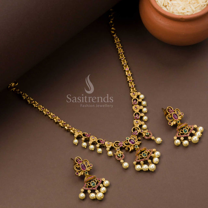 Traditional Matte Gold Plated Temple Floral Pearl Necklace with American Diamond Pendant & Earrings - Sasitrends