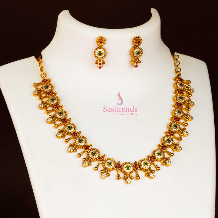 Vibrant Multi-Colored Matte Gold Necklace Set with AD Stones for a Playful and Trendy Ensemble - Sasitrends