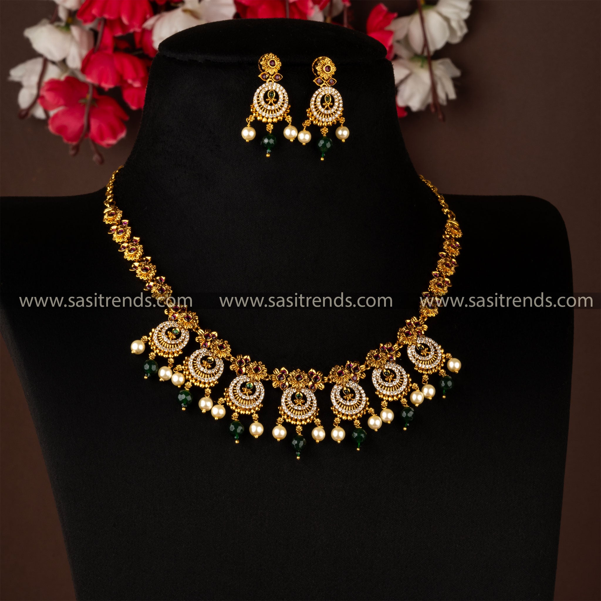 Traditional Matt Temple Flower Necklace With Earrings Jewellery Set