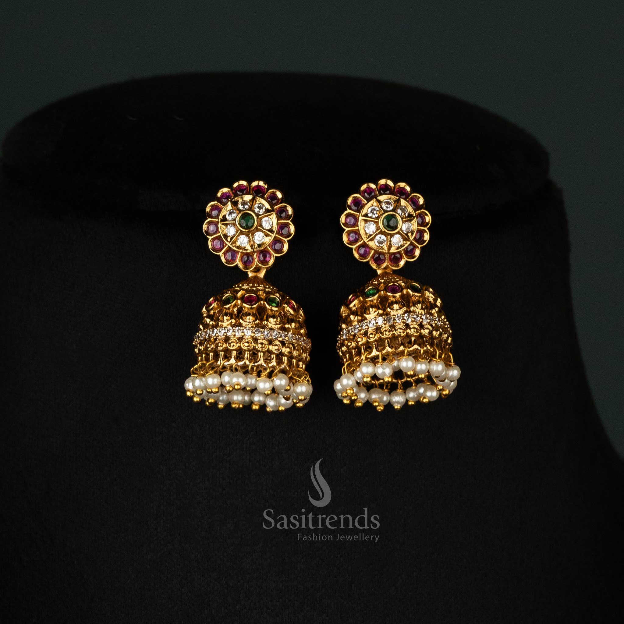 Heritage-style gold-plated temple  featuring dual pendants, ruby-green embellishments elegant jhumkas - Sasitrends