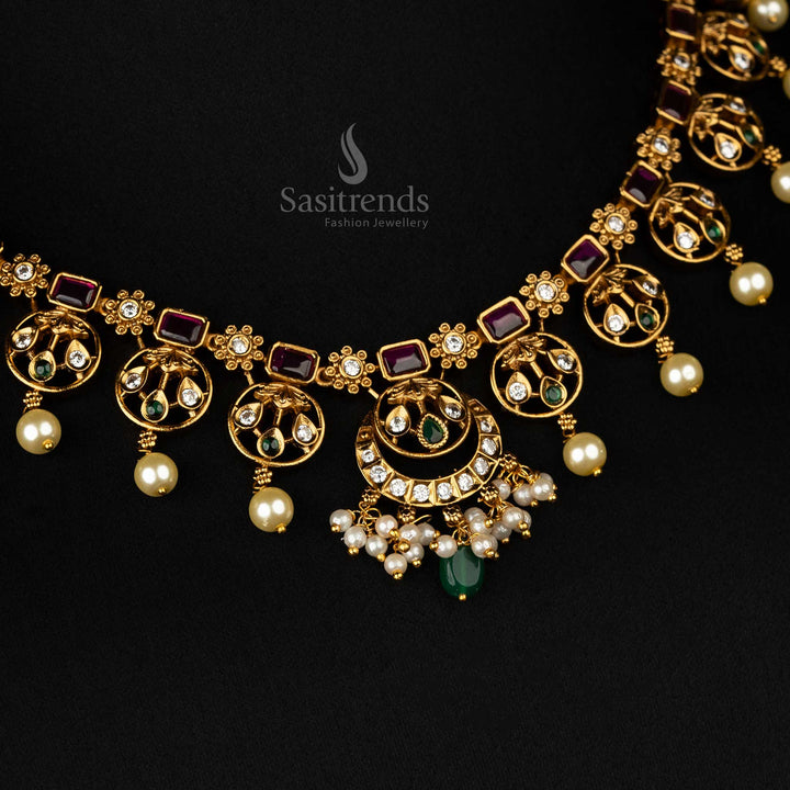 Timeless temple-style necklace set in ruby-green with floral motifs, American diamonds - Sasitrends