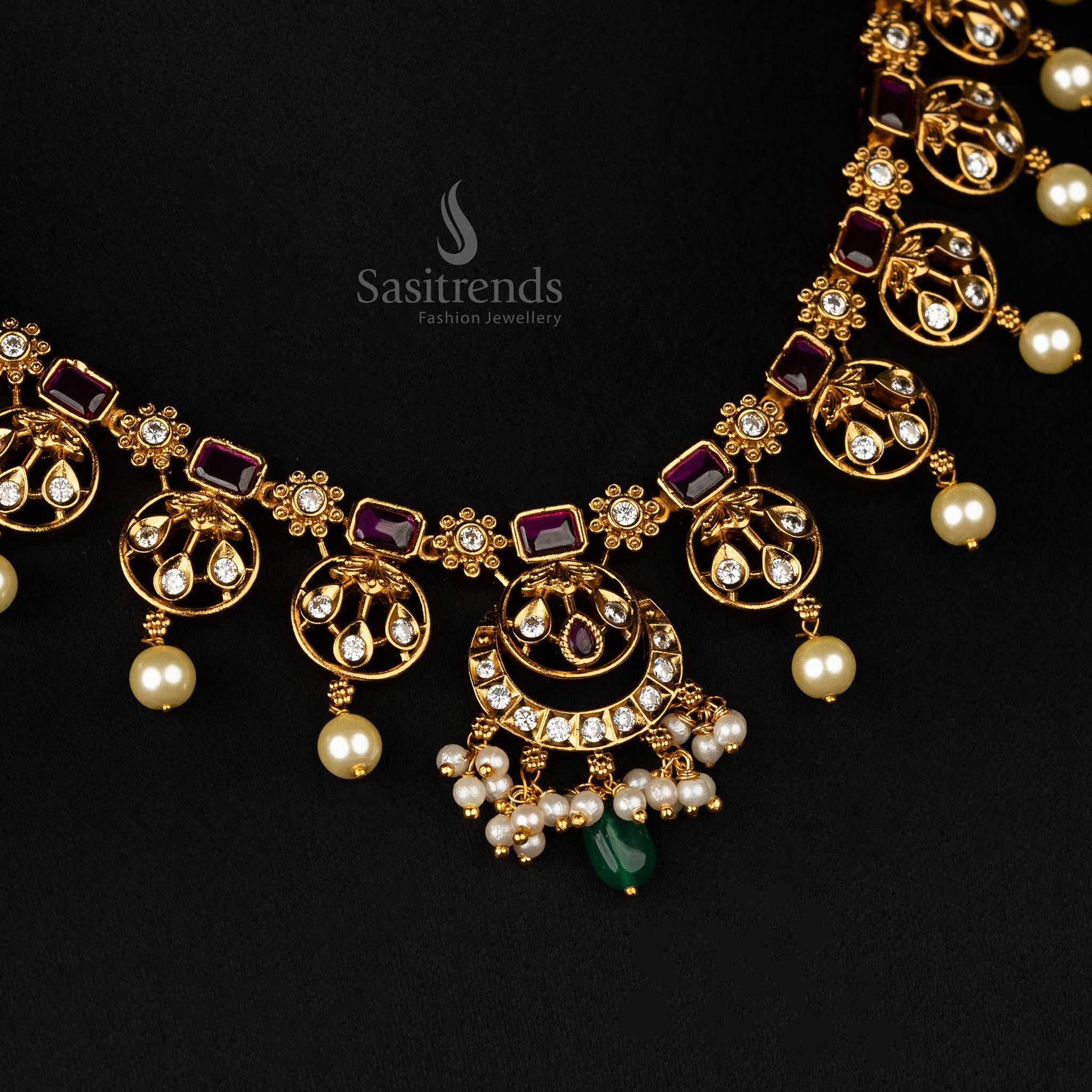 Sophisticated temple-style necklace set in ruby color with American diamond stones, pearls - Sasitrends