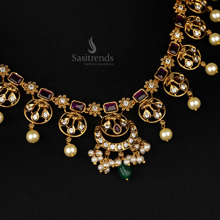 Sophisticated temple-style necklace set in ruby color with American diamond stones, pearls - Sasitrends