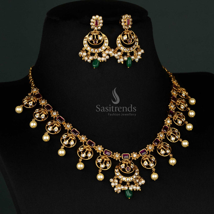 Premium temple matte gold-plated necklace set featuring ruby American diamond stones, floral motifs, pearls, and matching jhumkas - Sasitrends