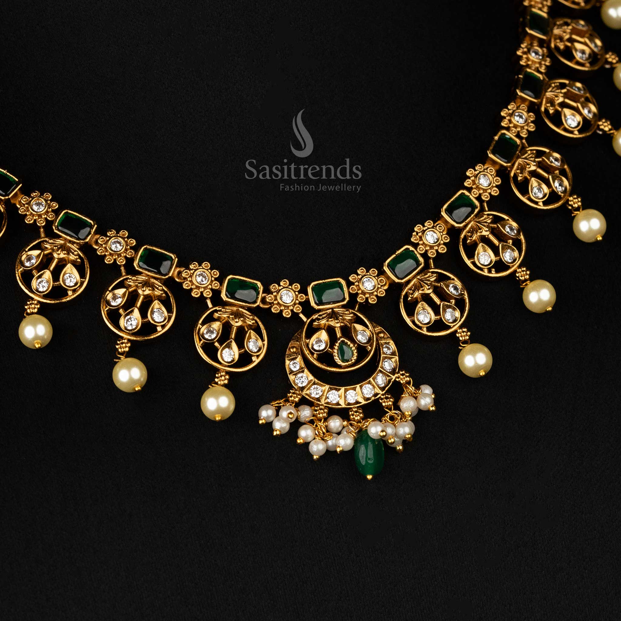 Stunning green matte gold jewellery set featuring a floral pendant, American diamonds - Sasitrends