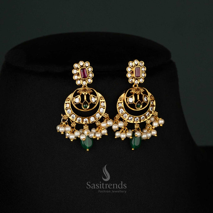 Heritage-inspired matte gold Earrings with ruby-green accents, pearls, and elegant floral motifs - Sasitrends