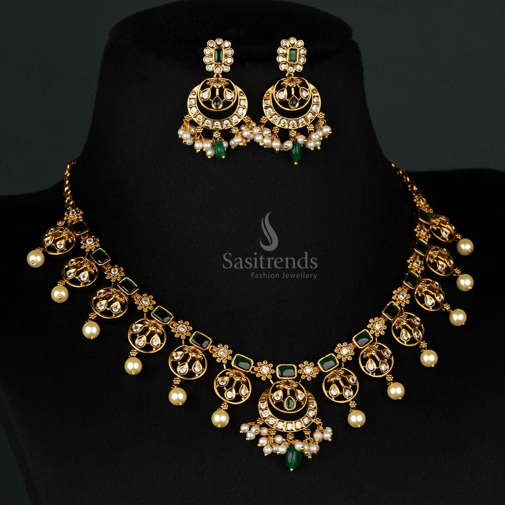 Stunning green matte gold jewellery set featuring a floral pendant, American diamonds, and coordinated earrings - Sasitrends