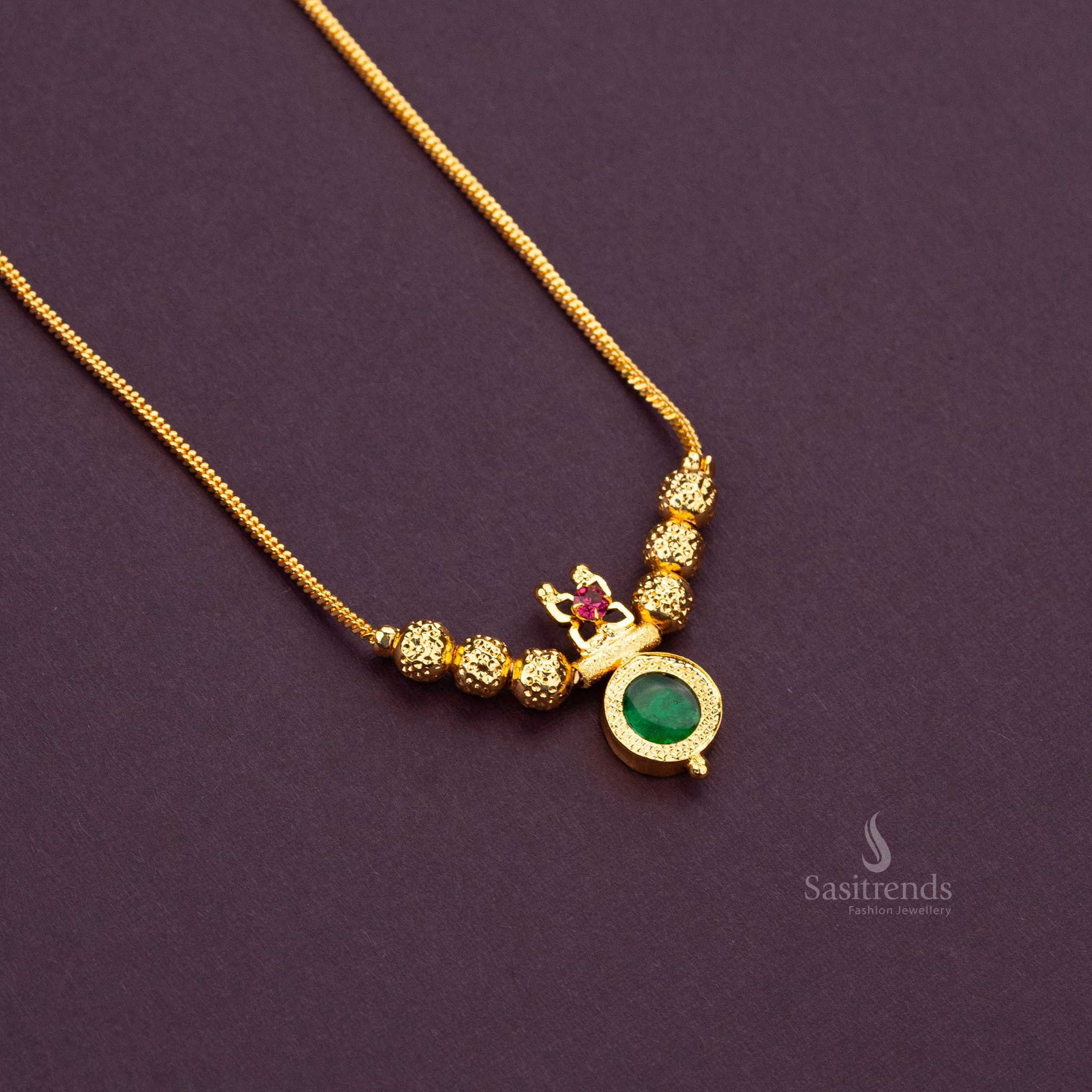 Green Palakka Round Pendant Necklace with Golden Balls - Kerala Traditional Necklace