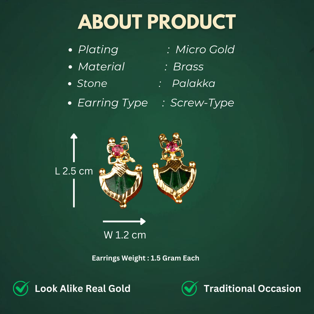 Traditional Guaranteed Micro Gold Plated Palakka Stone Stud Earrings Measurement Details